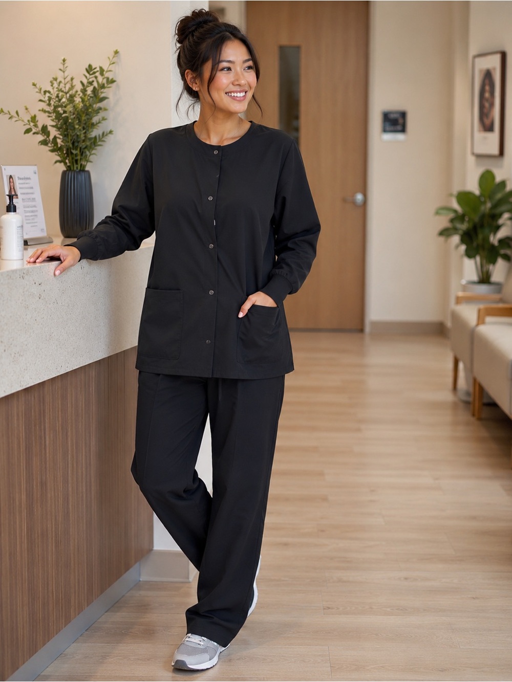 Scrubstar Black Performance Scrub Top with Teal Piping